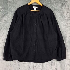 Calypso St Barth Top Womens XL Black Button Up Floral Embroidered Boxy Casual